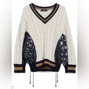 Weekend Max Mara Dalida Sweater V-Neck Cable Knit Sweater with Quilted Accents